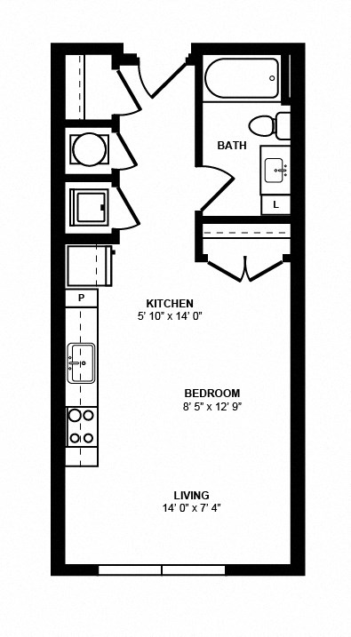 Floor plan for studio, 1 bath, 493 sqft